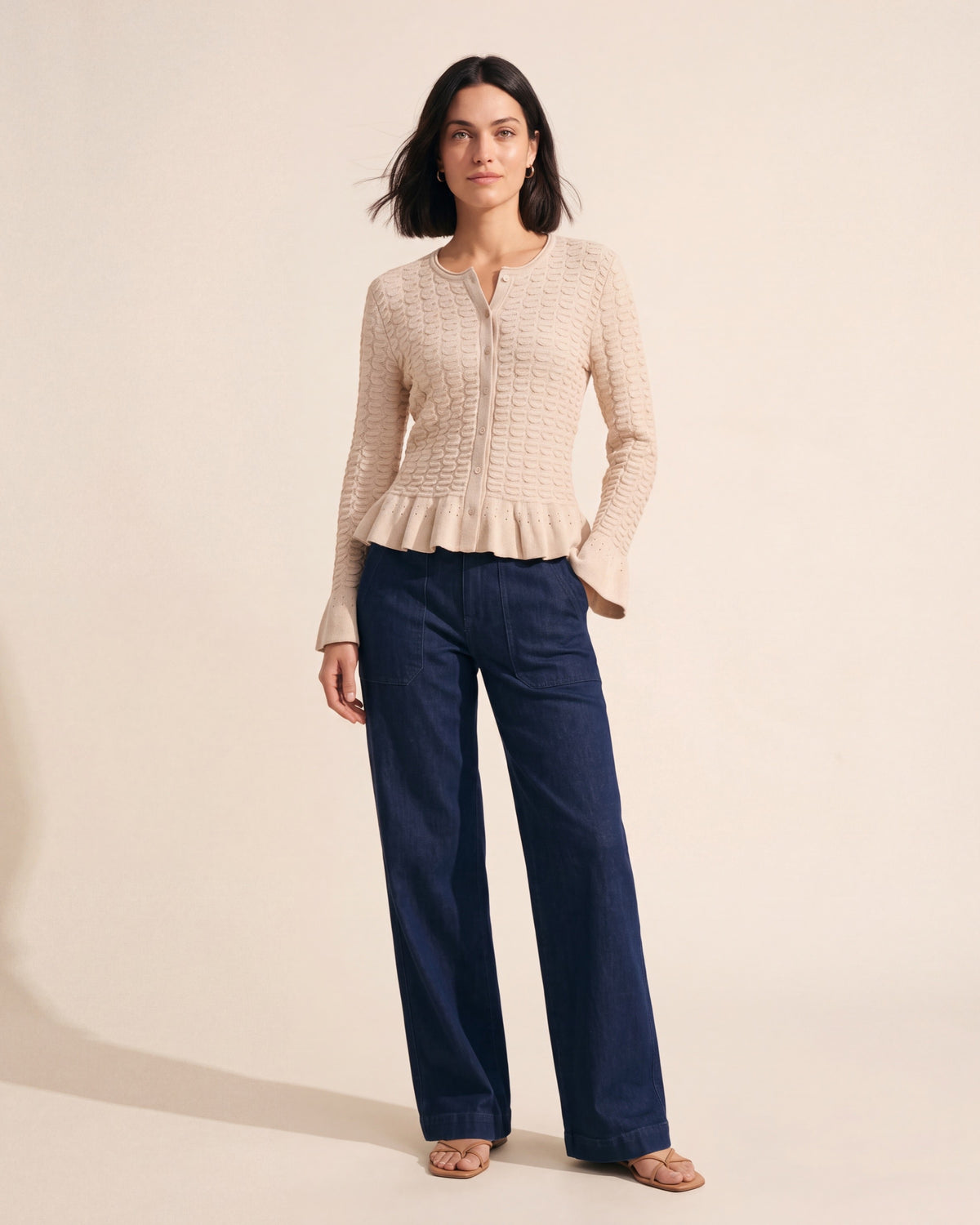 Frill Textured Cardigan | Soft Knit Women's Sweater — Dark Bob