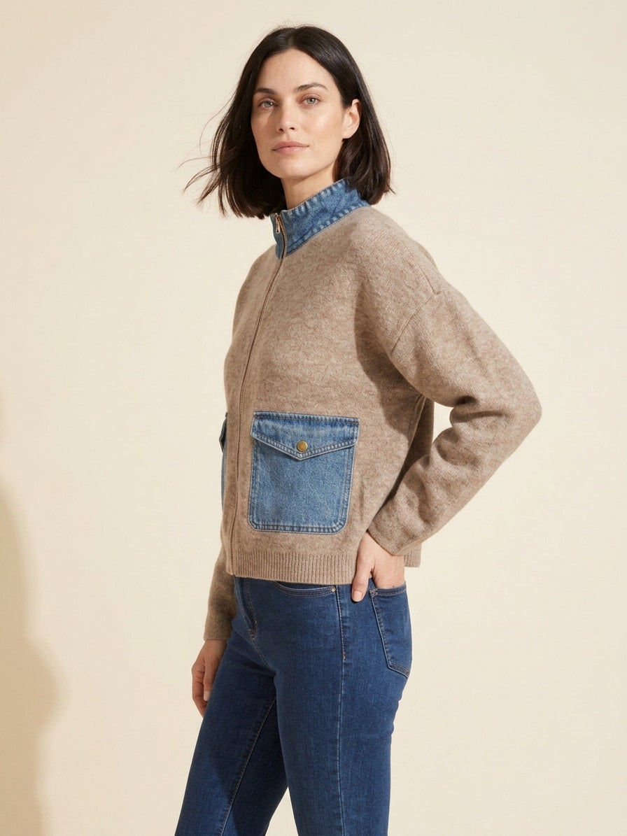 Heather Sand Denim Sweater Jacket - Zip Front Knit Cardigan — Dark Bob