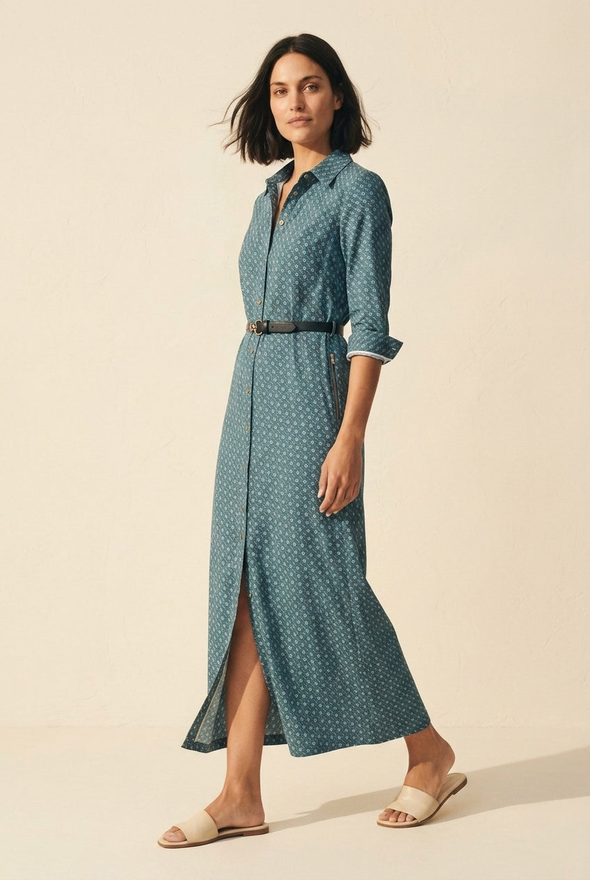 Elegant Teal Aqua Chain Print Maxi Dress | Flowy Women's Gown — Dark Bob