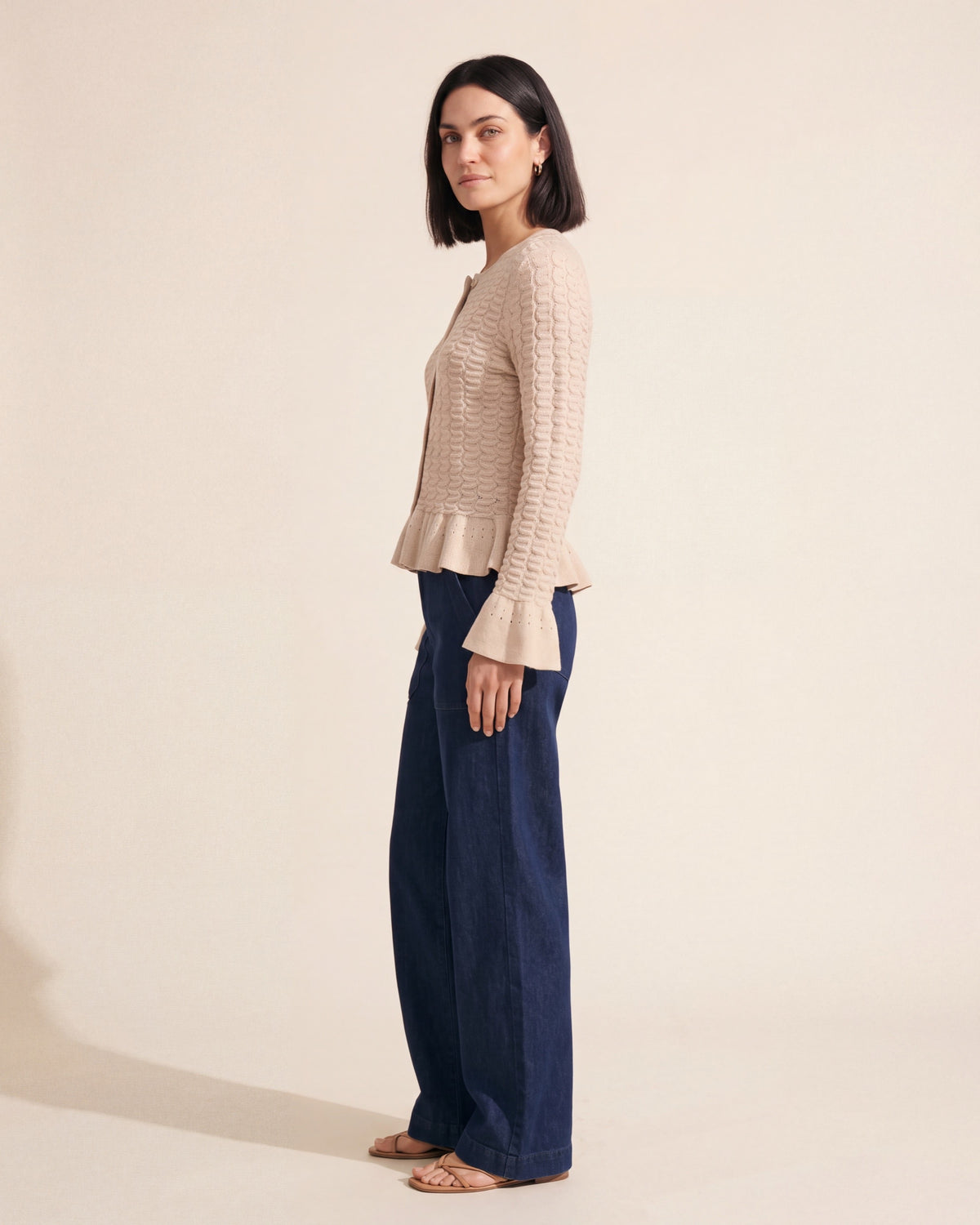 Frill Textured Cardigan | Soft Knit Women's Sweater — Dark Bob