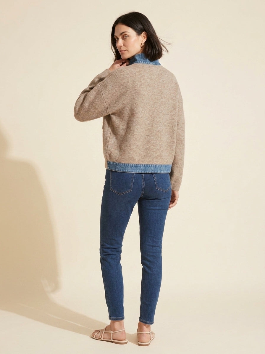 Heather Sand Denim Sweater Jacket - Zip Front Knit Cardigan — Dark Bob