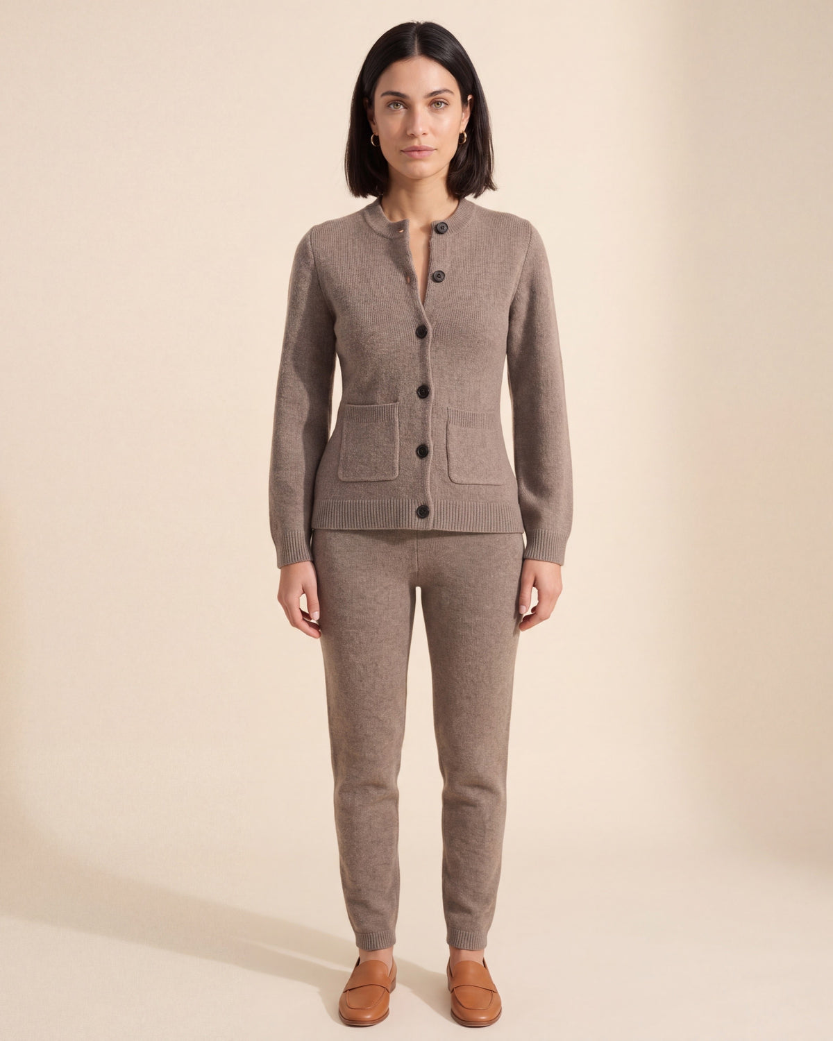 Elegant Brown Organic Cotton Merino Wool Cardigan Sweater — Dark Bob