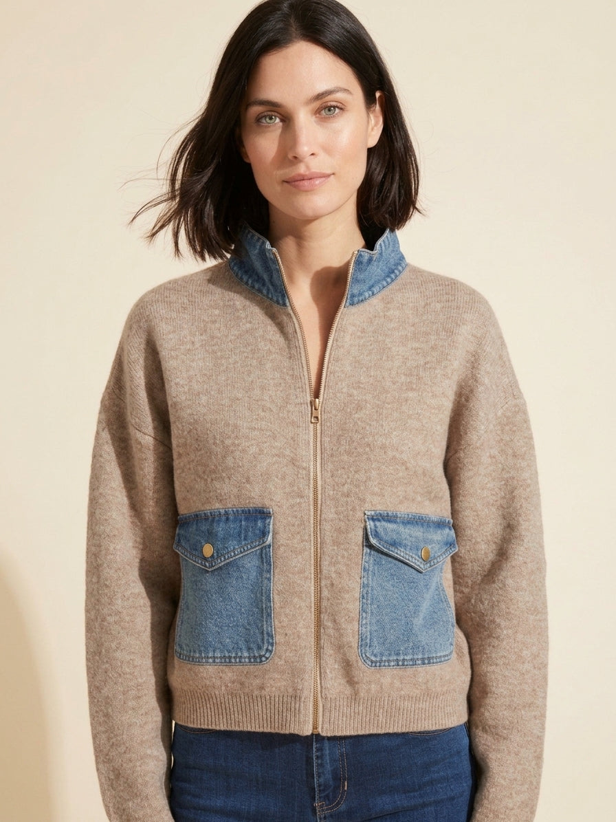 Heather Sand Denim Sweater Jacket - Zip Front Knit Cardigan — Dark Bob