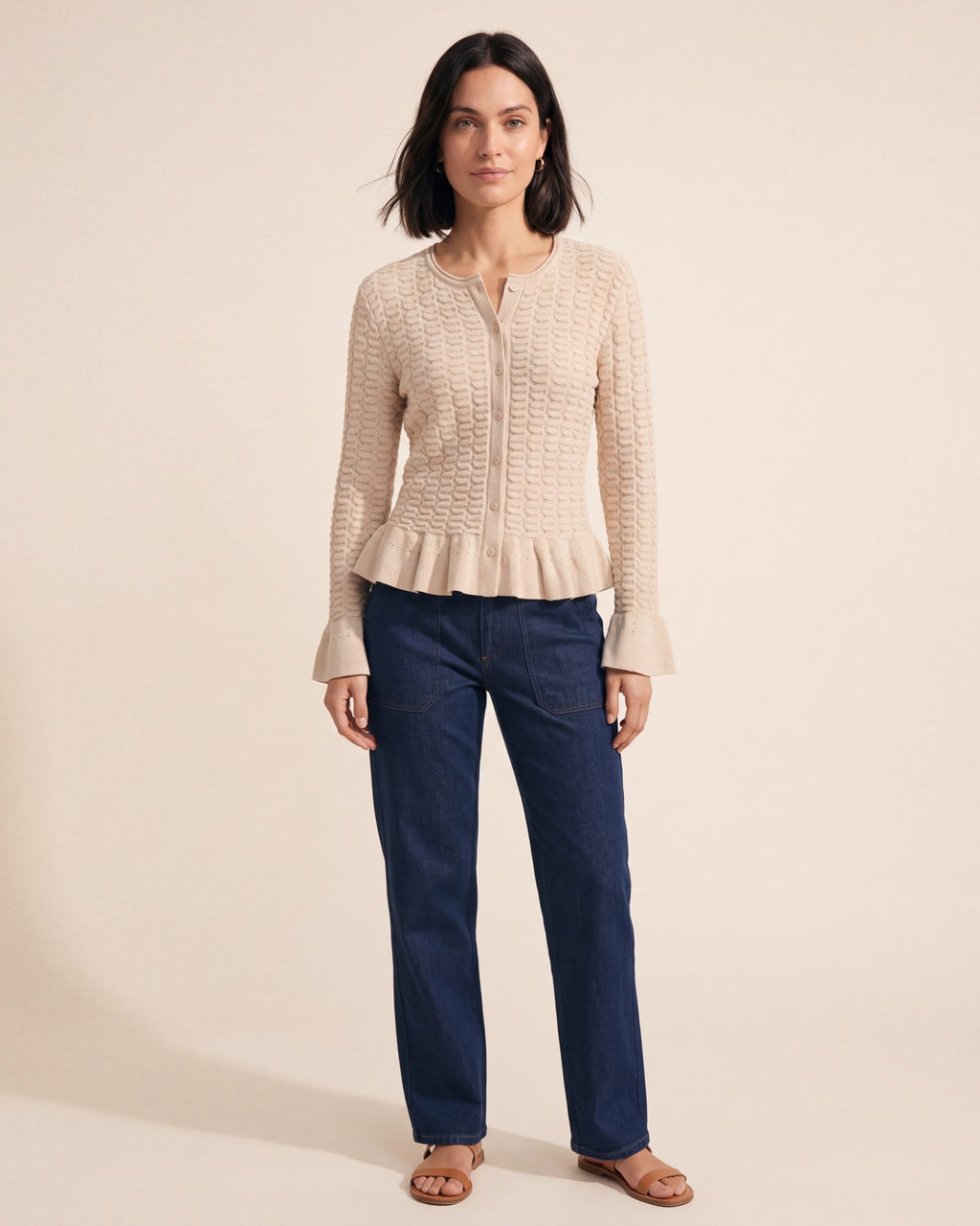 Frill Textured Cardigan | Soft Knit Women's Sweater — Dark Bob