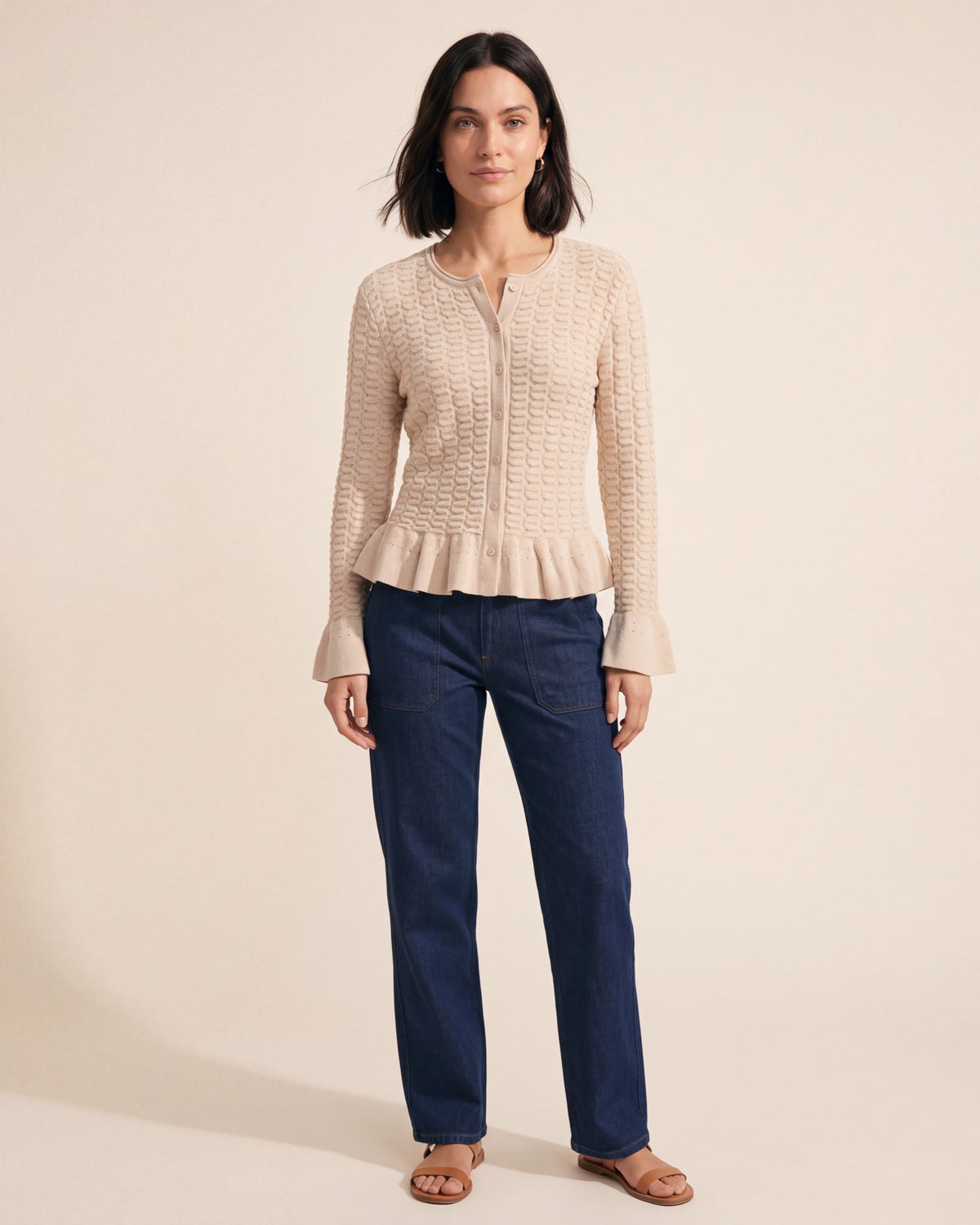 Frill Textured Cardigan | Soft Knit Women's Sweater — Dark Bob