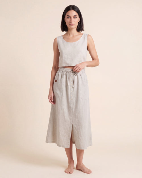Adeline A-Line Linen Skirt - High-Waist Button Front Midi — Beige