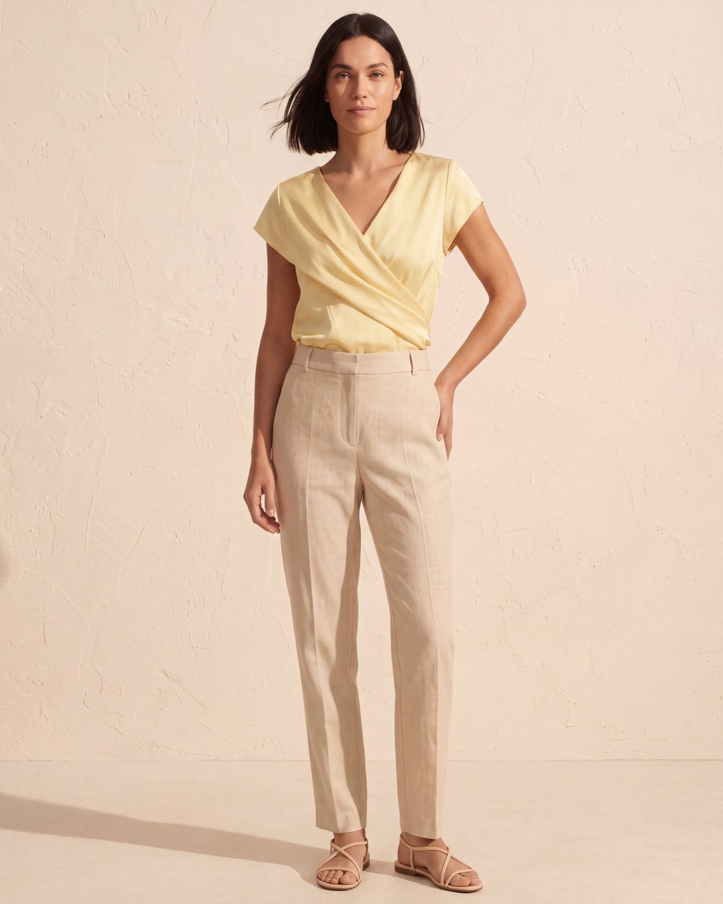 Viviana Wrap Front V-Neck Blouse | Women's Short Sleeve Top — Beige