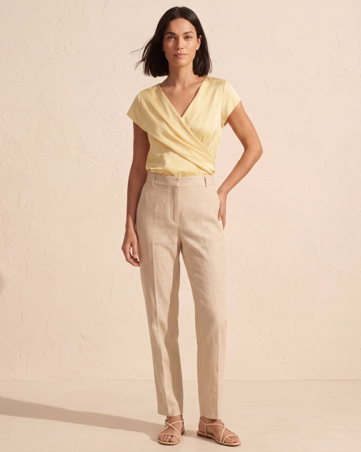 Viviana Wrap Front V-Neck Blouse | Women's Short Sleeve Top — Beige