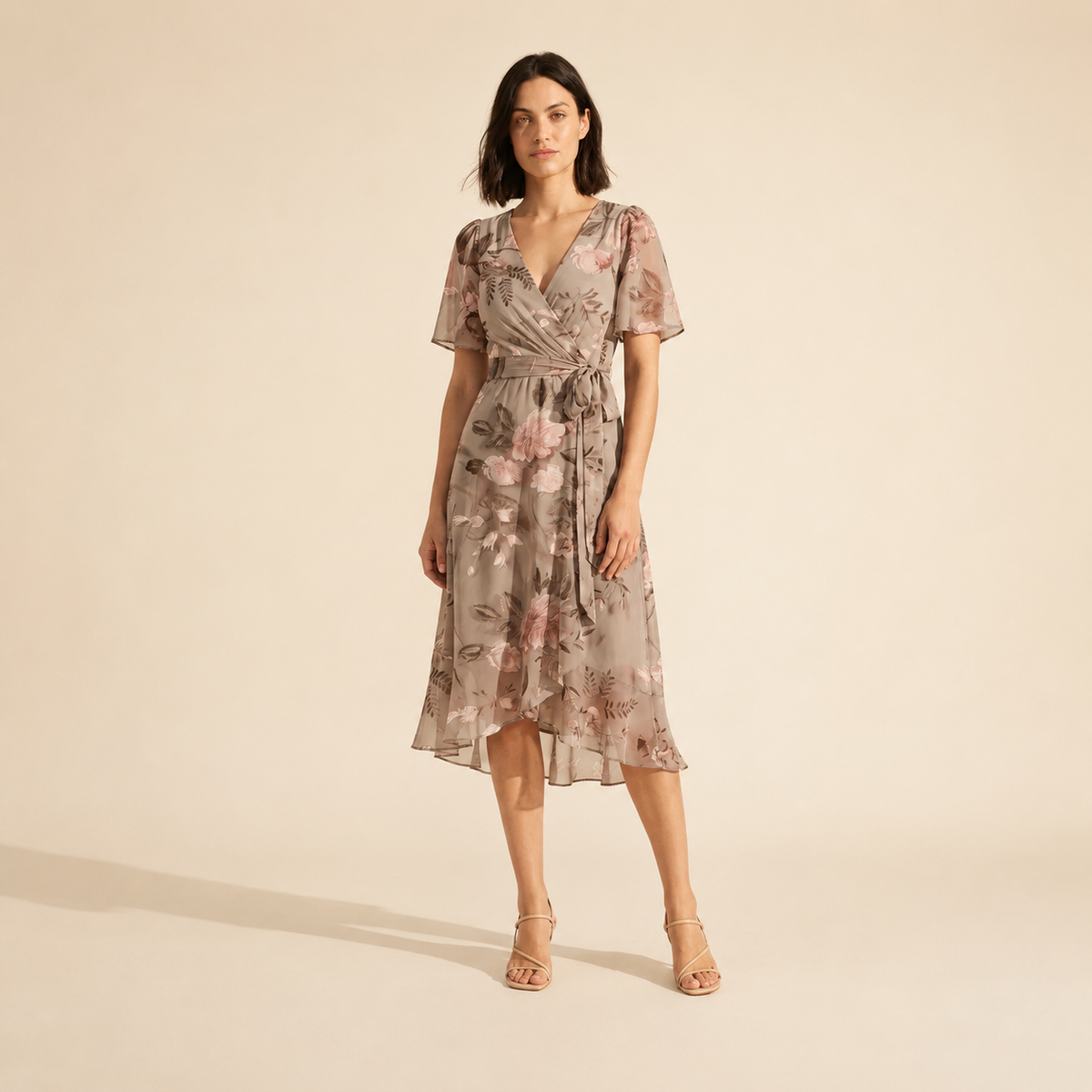 Floral Wrap V-Neck Midi Dress for Women | Summer Style — Beige
