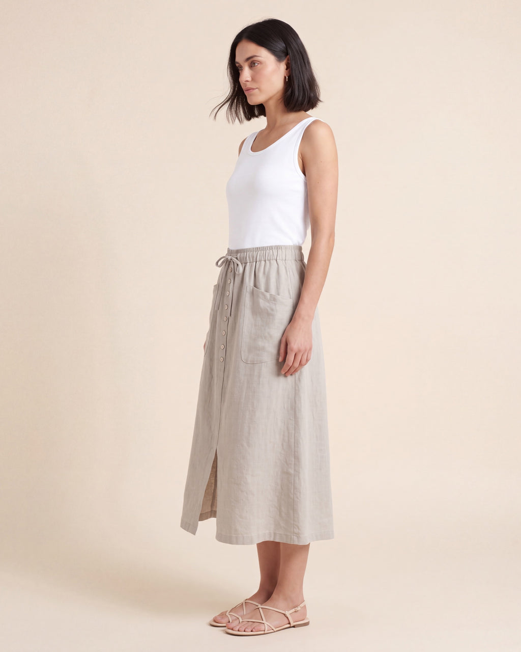 Adeline A-Line Linen Skirt - High-Waist Button Front Midi — Beige