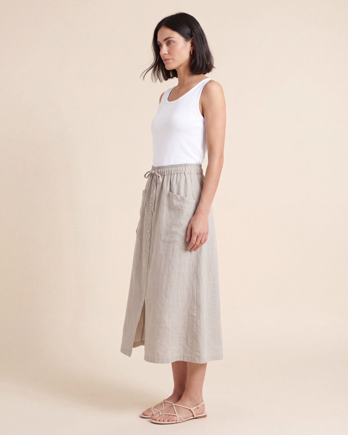 Adeline A-Line Linen Skirt - High-Waist Button Front Midi — Beige