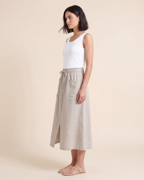 Adeline A-Line Linen Skirt - High-Waist Button Front Midi — Beige