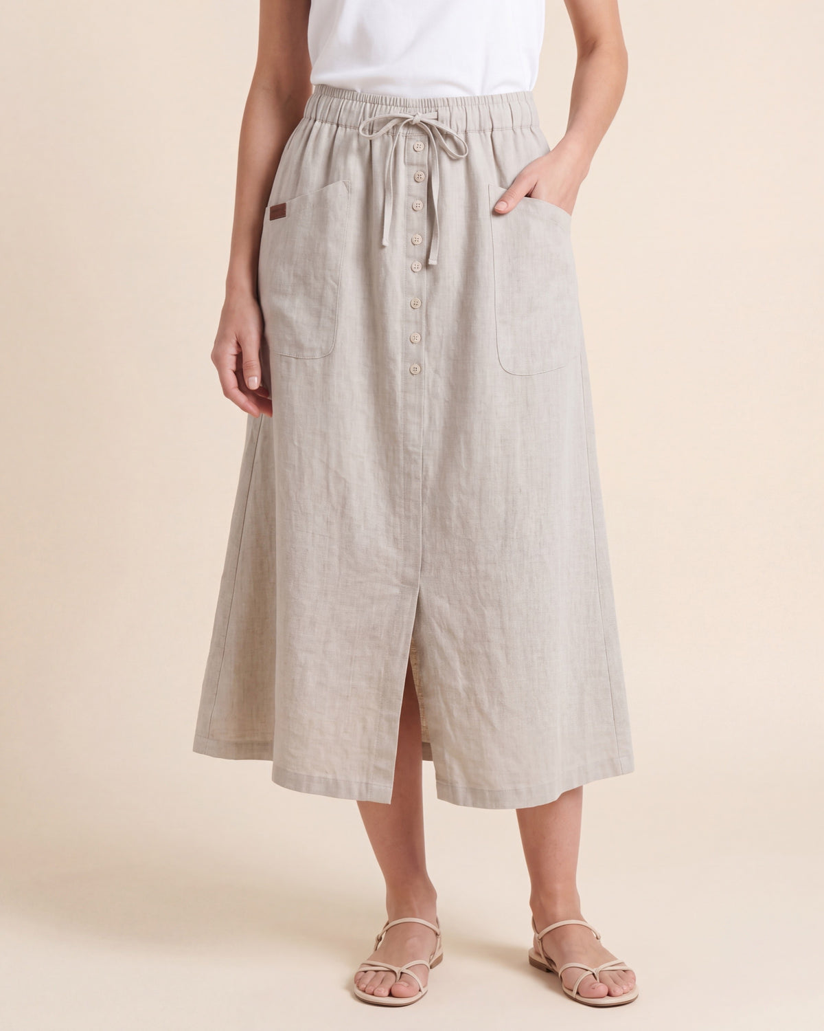 Adeline A-Line Linen Skirt - High-Waist Button Front Midi — Beige