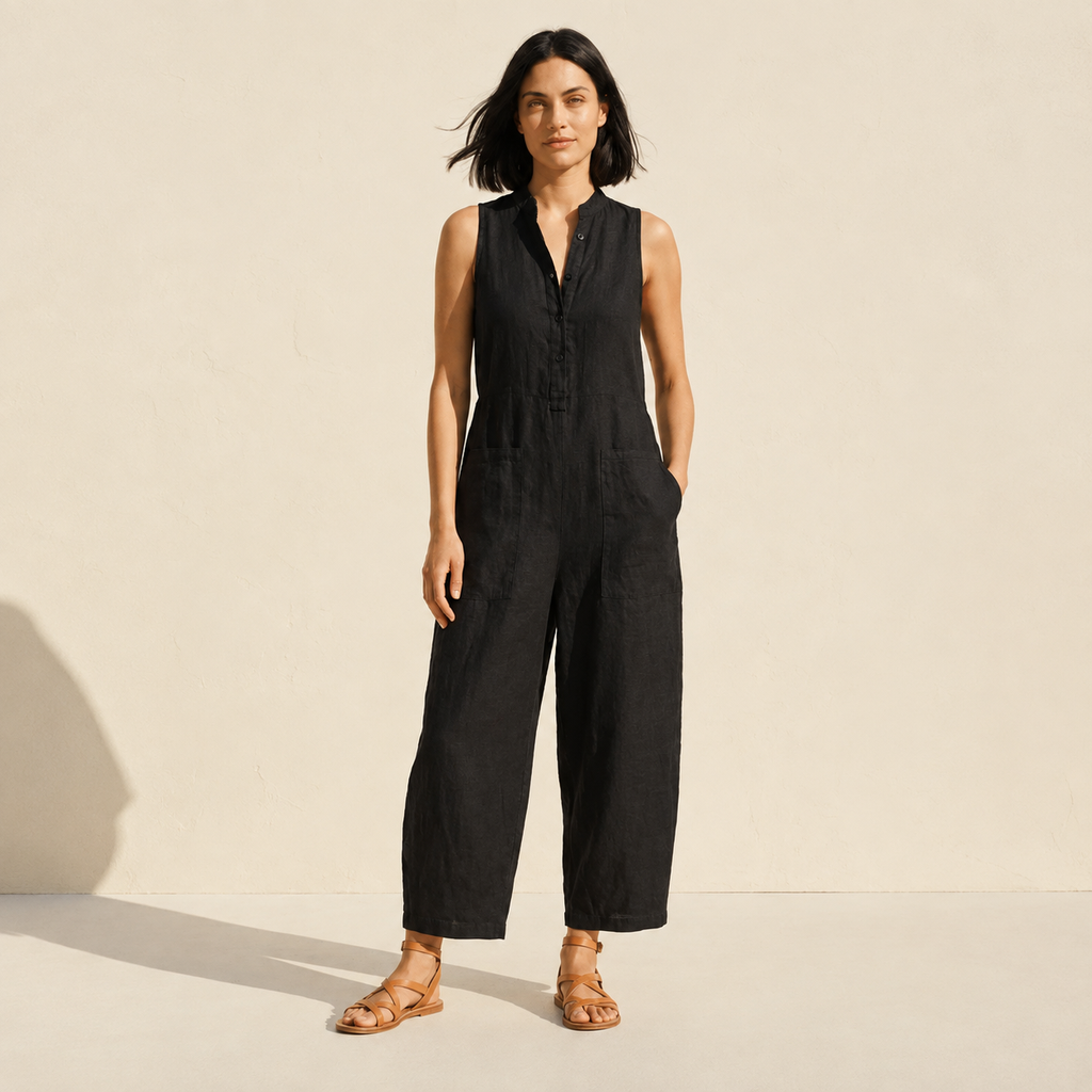 Linen Blend Sleeveless Jumpsuit | Button-Up Stand Collar — Black