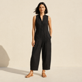 Linen Blend Sleeveless Jumpsuit | Button-Up Stand Collar — Black