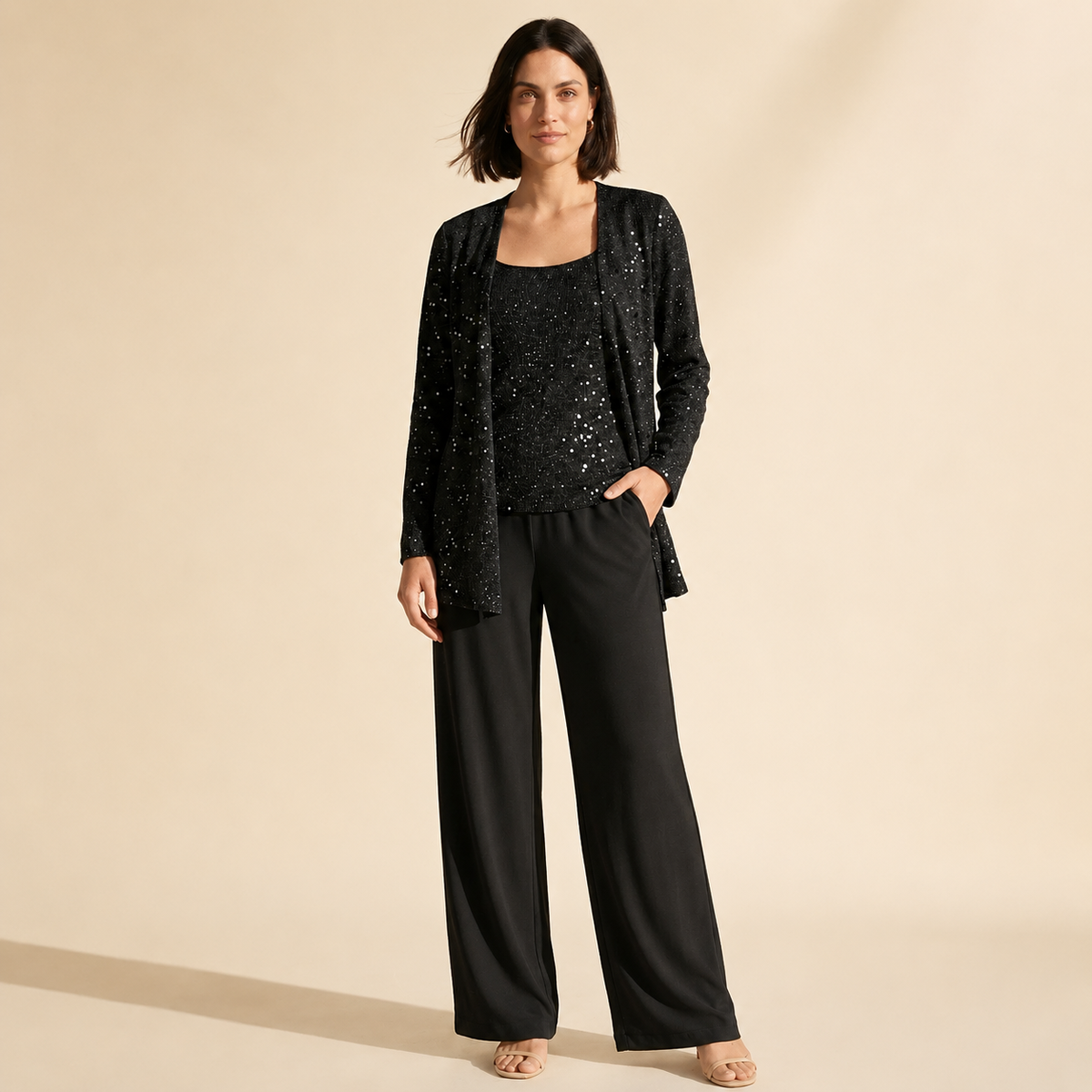 Women's Elegant 3-Piece Evening Set - Wide Leg Pants & Jacket — Black