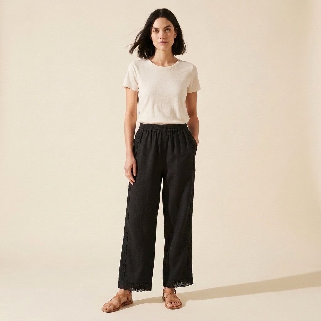 Elise Women's Cotton-Linen Pants – Retro Embroidery & Breezy Fit — Black