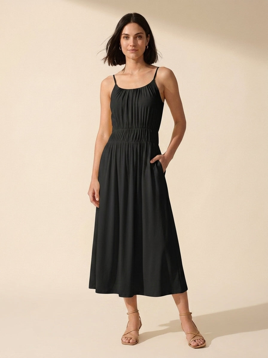 Vacay Gathered U-Neck Midi Bra Dress with Pockets — Black