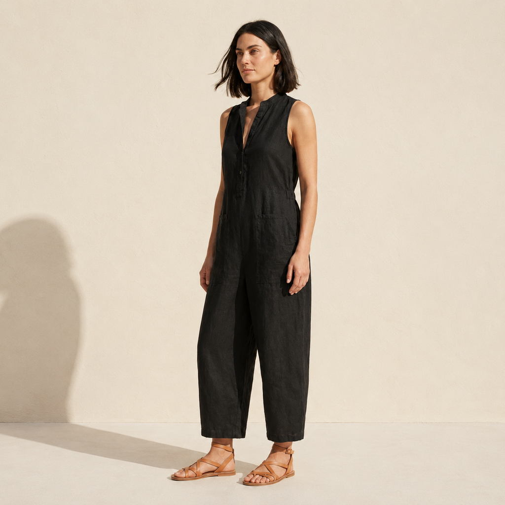 Linen Blend Sleeveless Jumpsuit | Button-Up Stand Collar — Black
