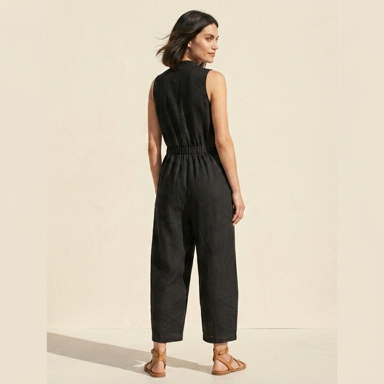 Linen Blend Sleeveless Jumpsuit | Button-Up Stand Collar — Black