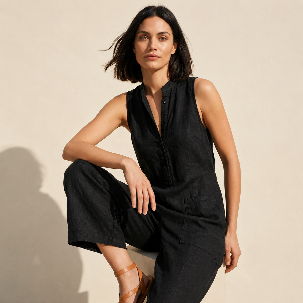 Linen Blend Sleeveless Jumpsuit | Button-Up Stand Collar — Black