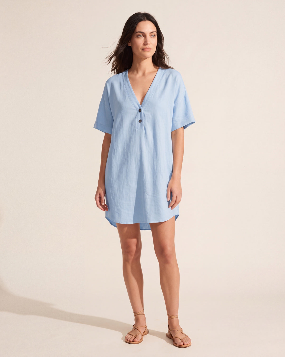 Effortless V-Neck Linen Shirt Dress - Summer Casual & Beach — Blue