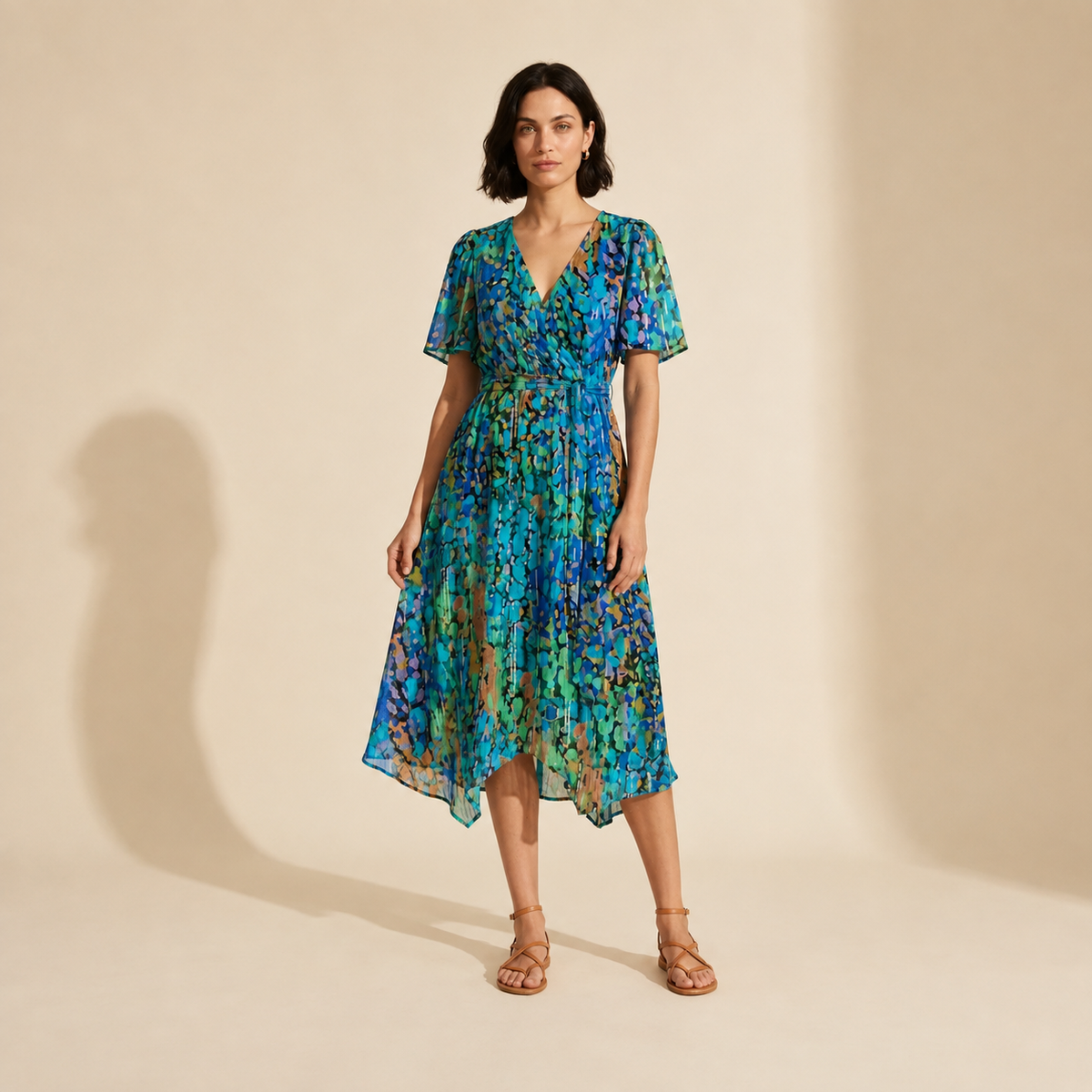 Floral Wrap V-Neck Midi Dress for Women | Summer Style — Blue
