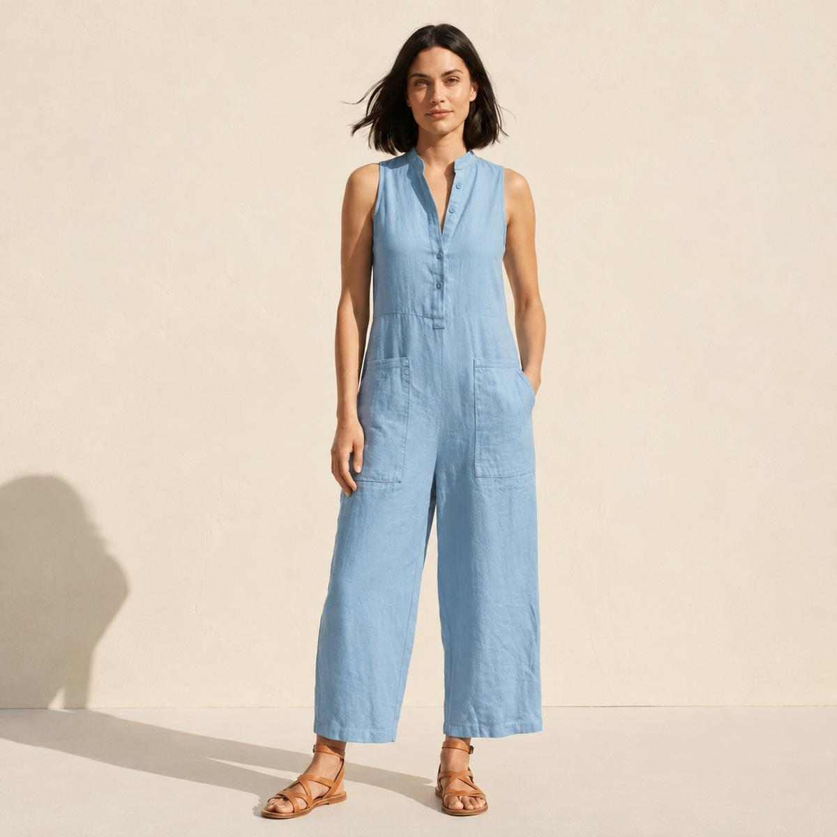 Linen Blend Sleeveless Jumpsuit | Button-Up Stand Collar — Blue