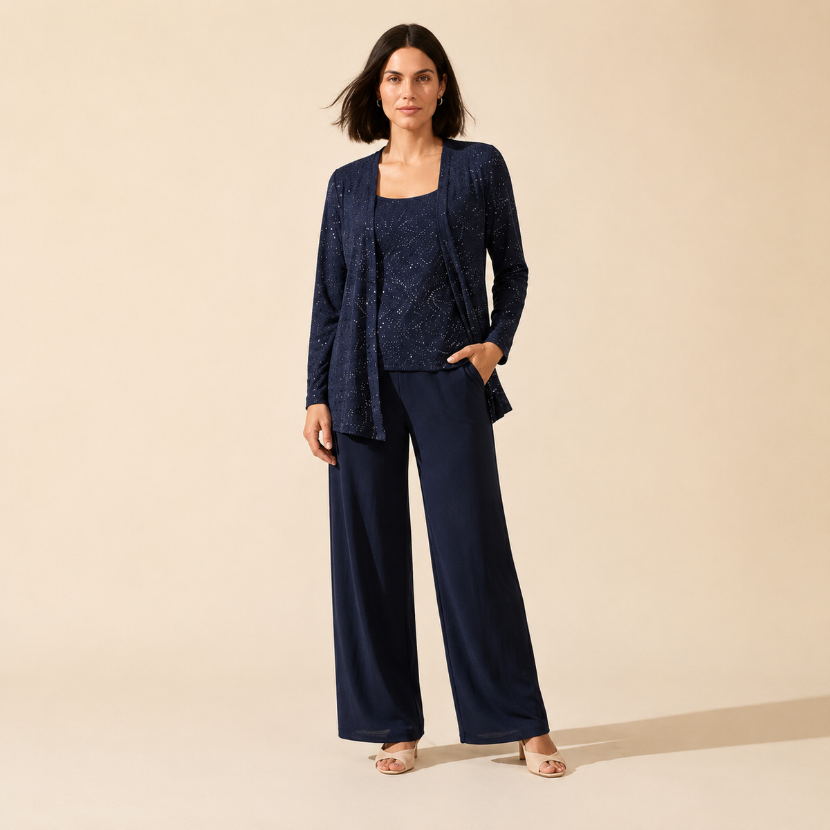 Women's Elegant 3-Piece Evening Set - Wide Leg Pants & Jacket — Blue