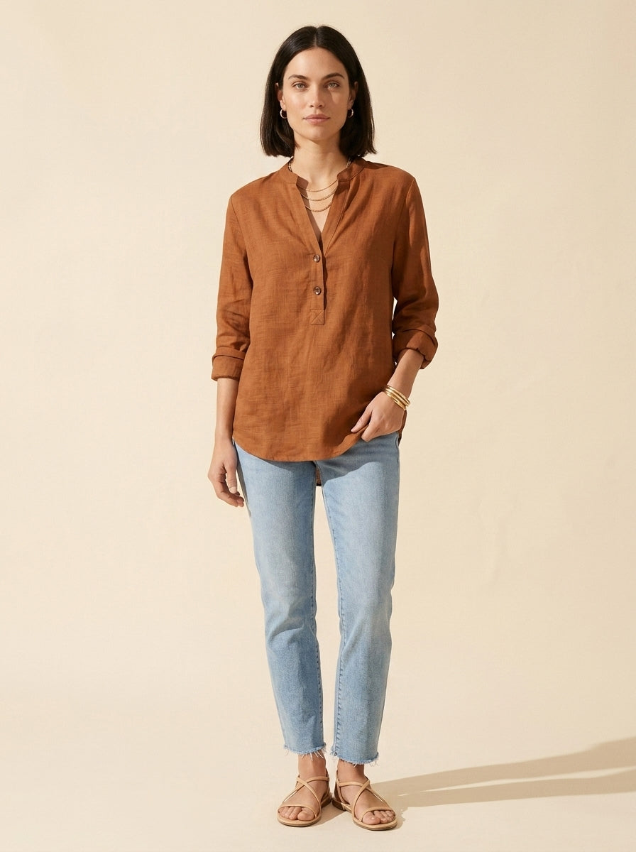 Women's Breathable Linen Blend Blouse | Relaxed V-Neck Top — Brown
