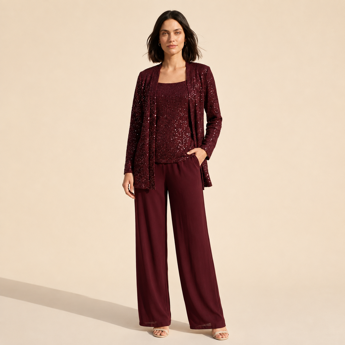 Women's Elegant 3-Piece Evening Set - Wide Leg Pants & Jacket — Burgundy