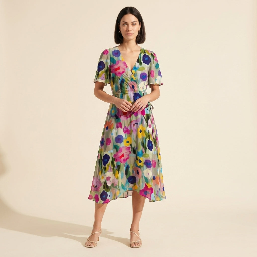 Floral Wrap V-Neck Midi Dress for Women | Summer Style — Floral
