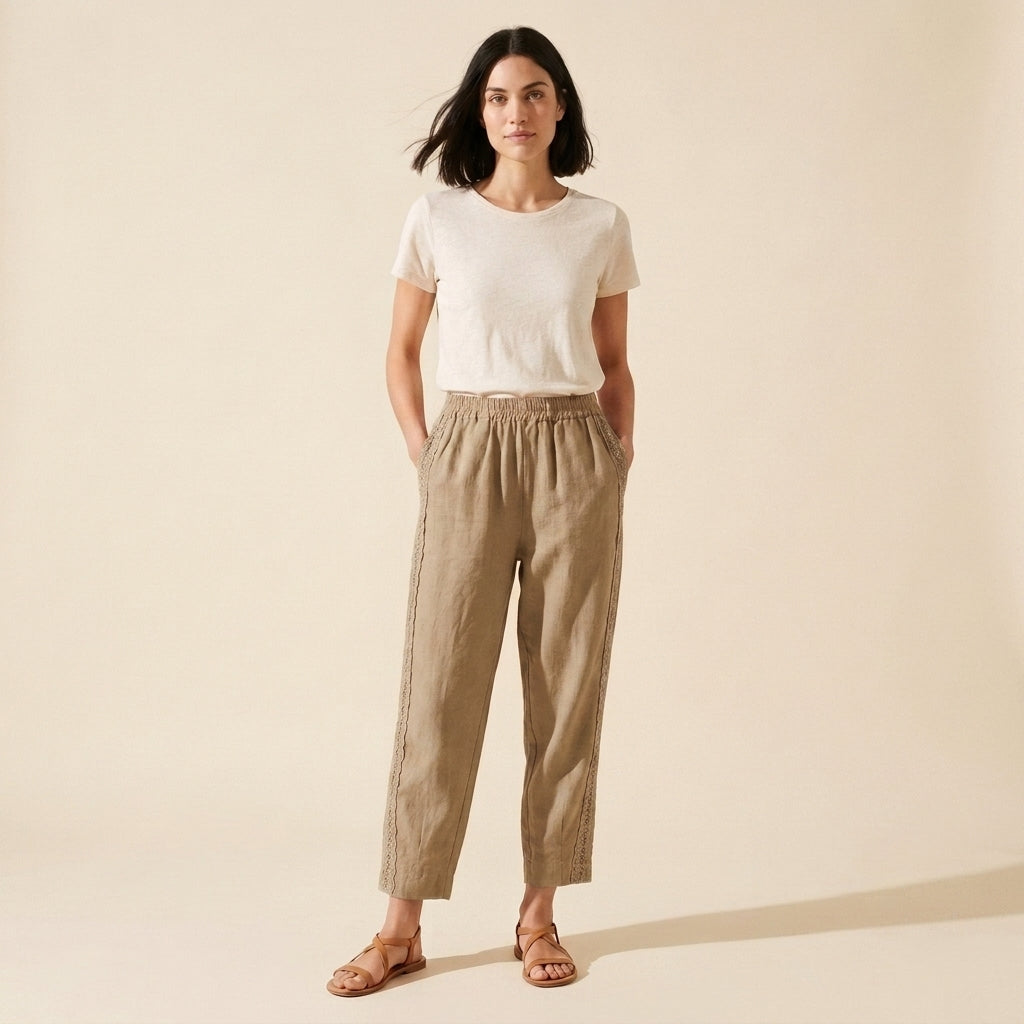Elise Women's Cotton-Linen Pants – Retro Embroidery & Breezy Fit — Gray