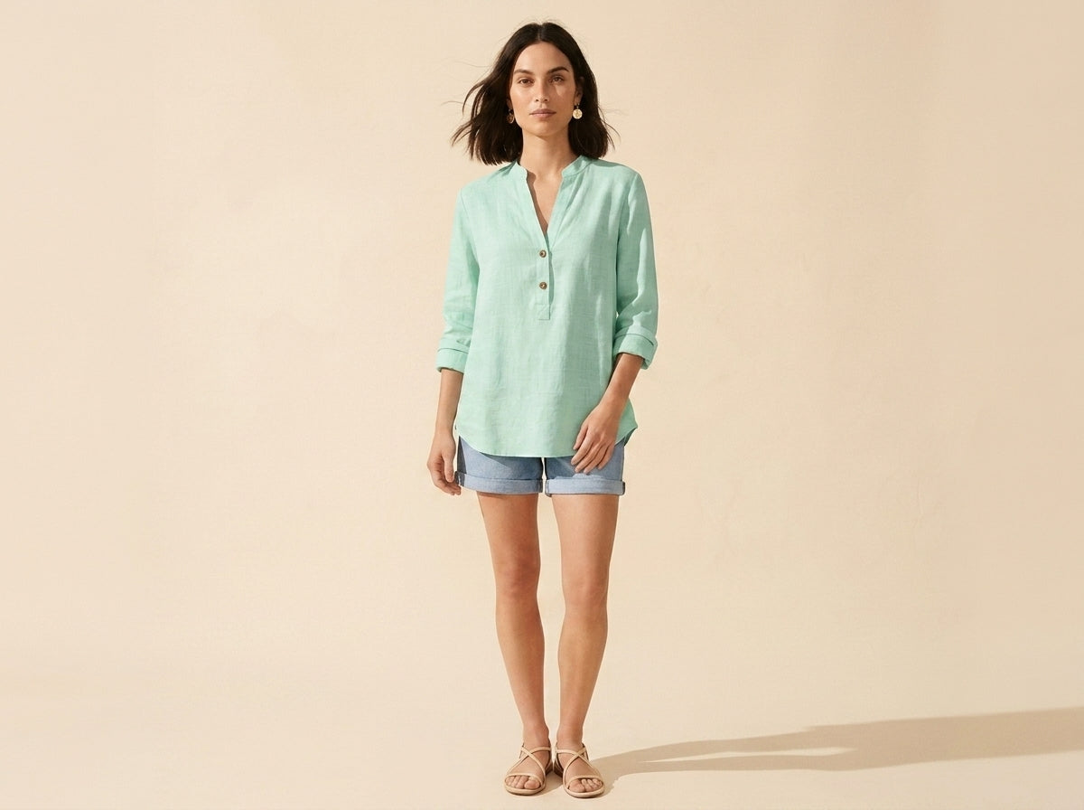 Women's Breathable Linen Blend Blouse | Relaxed V-Neck Top — Green