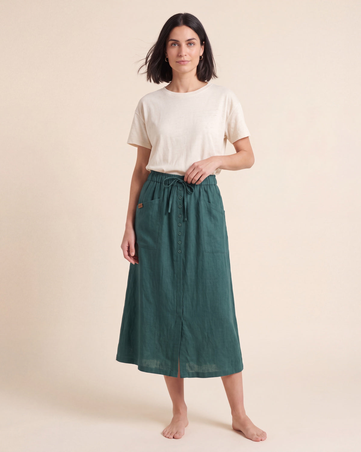 Adeline A-Line Linen Skirt - High-Waist Button Front Midi — Green