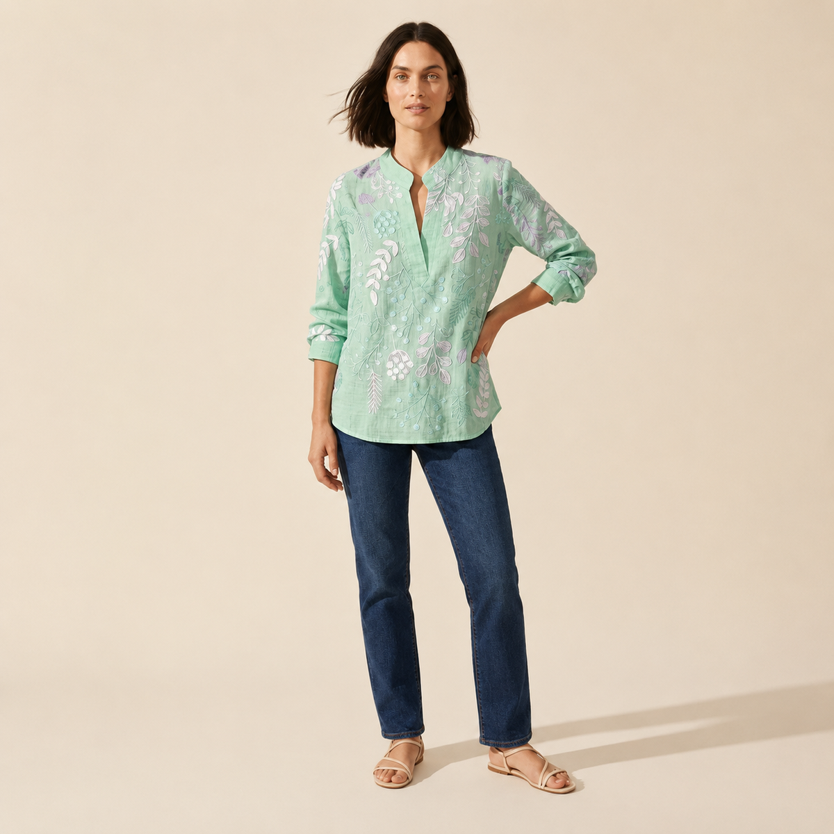 Women's Pastel Floral V-Neck Blouse - Soft-Touch & Lightweight — Green