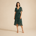Floral Wrap V-Neck Midi Dress for Women | Summer Style — Green