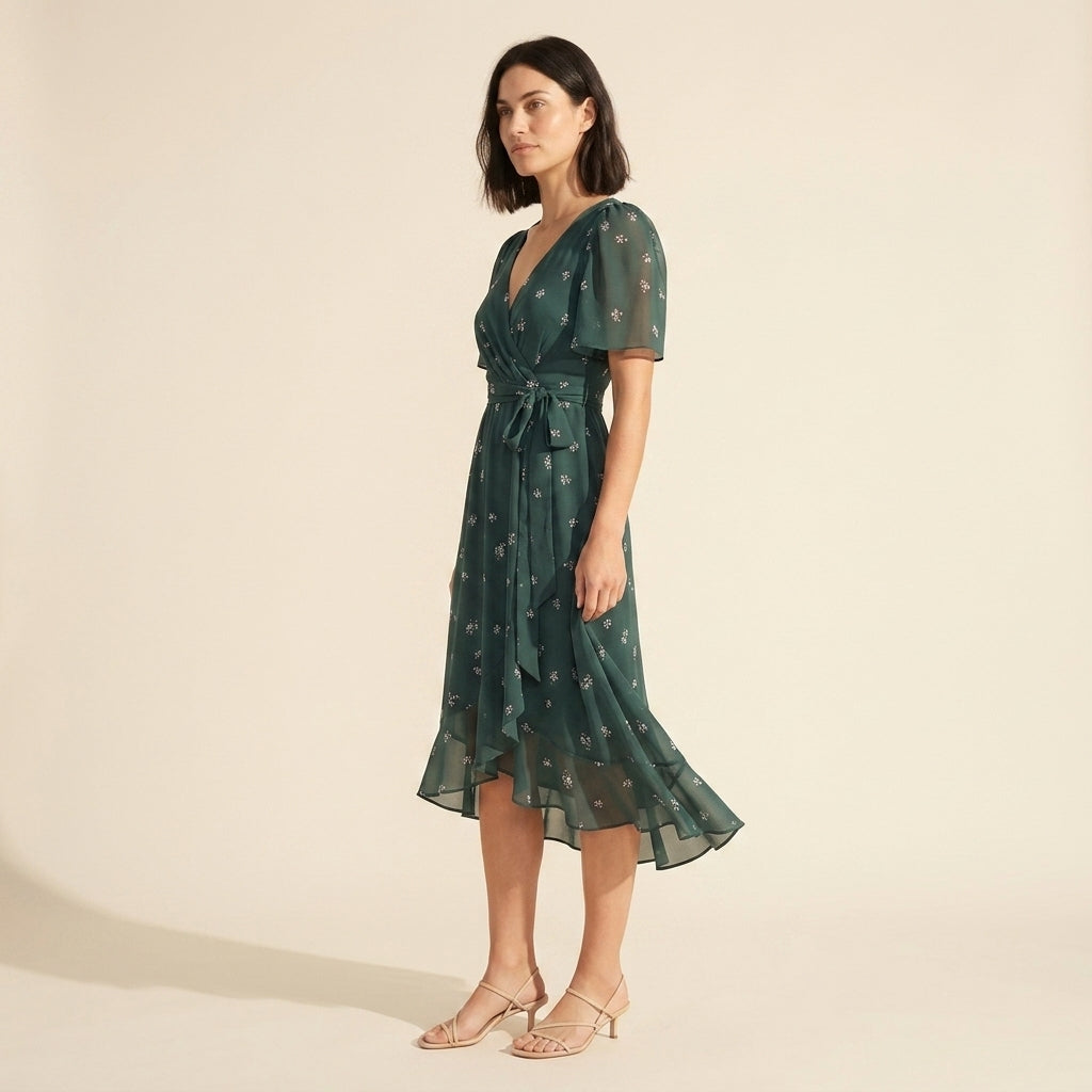 Floral Wrap V-Neck Midi Dress for Women | Summer Style — Green