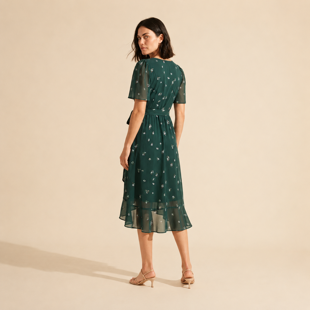 Floral Wrap V-Neck Midi Dress for Women | Summer Style — Green