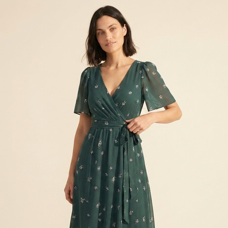 Floral Wrap V-Neck Midi Dress for Women | Summer Style — Green