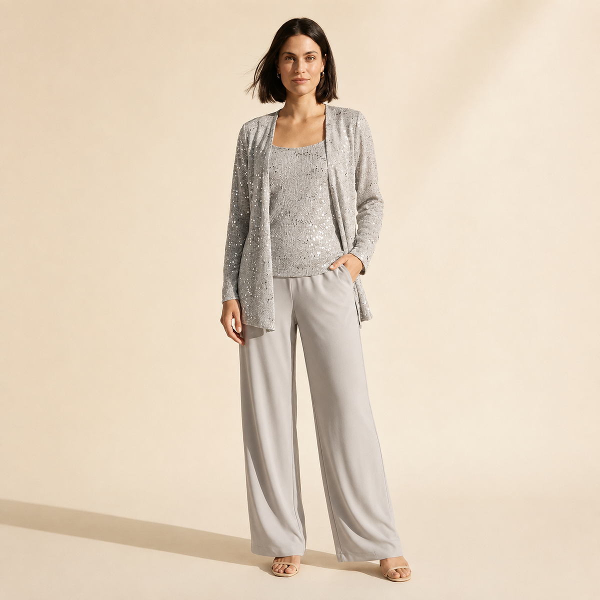 Women's Elegant 3-Piece Evening Set - Wide Leg Pants & Jacket — Grey