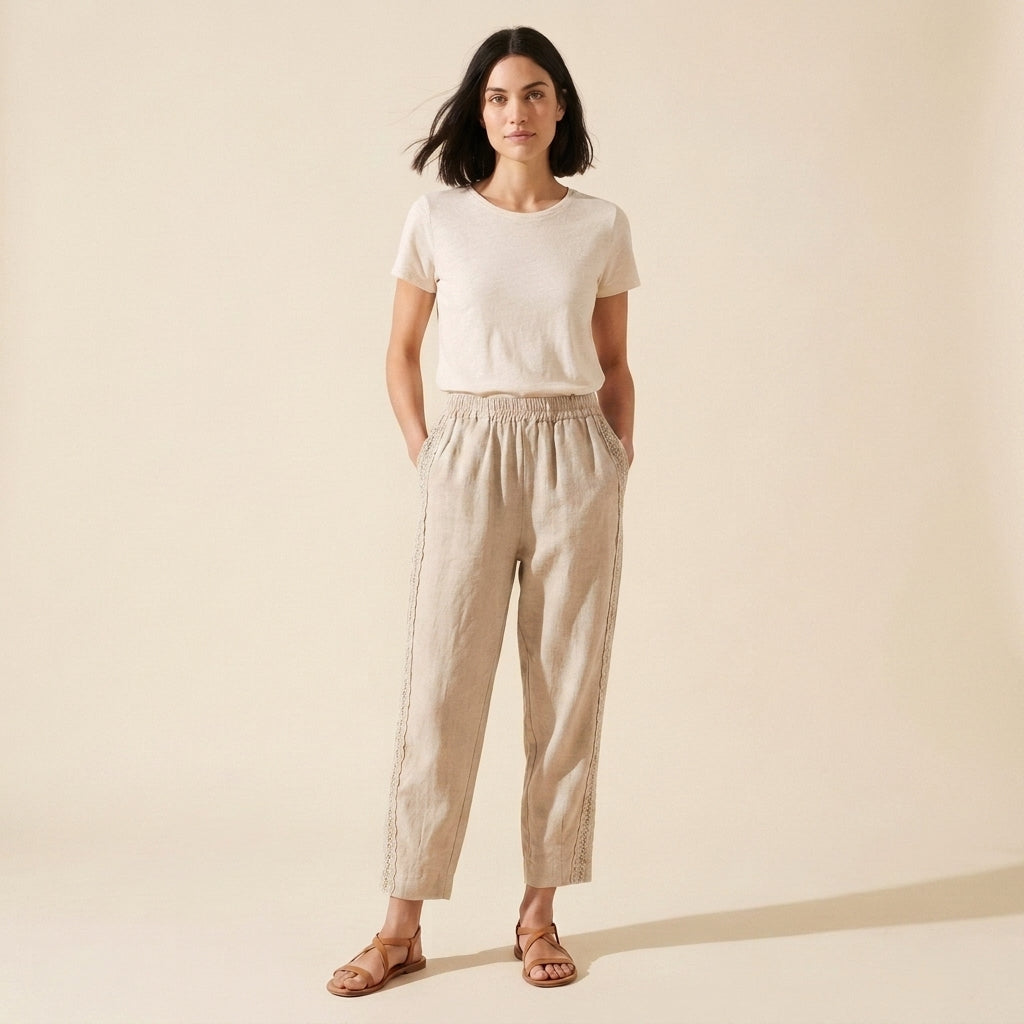 Elise Women's Cotton-Linen Pants – Retro Embroidery & Breezy Fit — Khaki