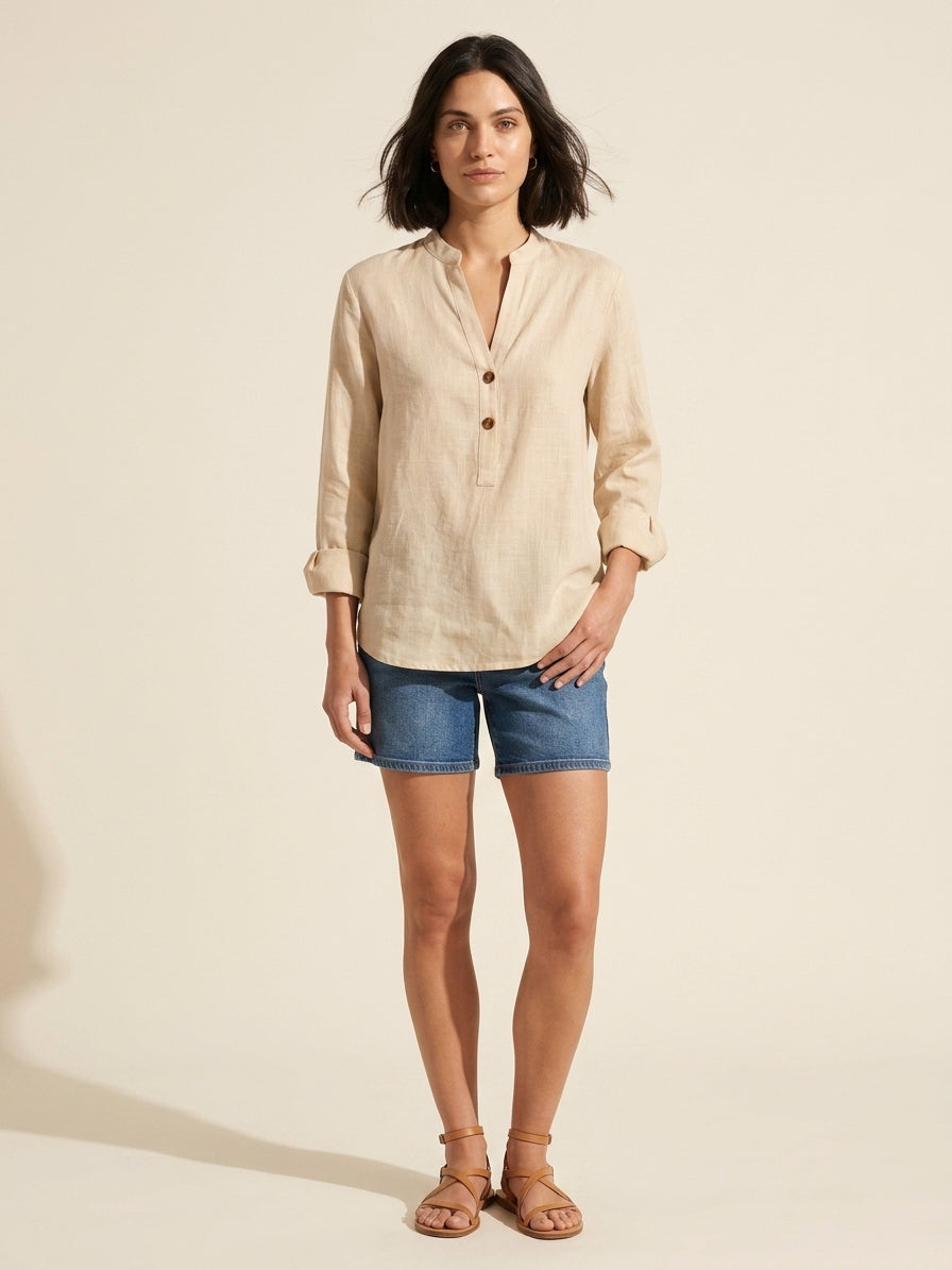 Women's Breathable Linen Blend Blouse | Relaxed V-Neck Top — Khaki