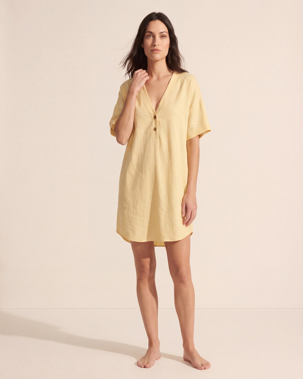 Effortless V-Neck Linen Shirt Dress - Summer Casual & Beach — Lemon Yellow