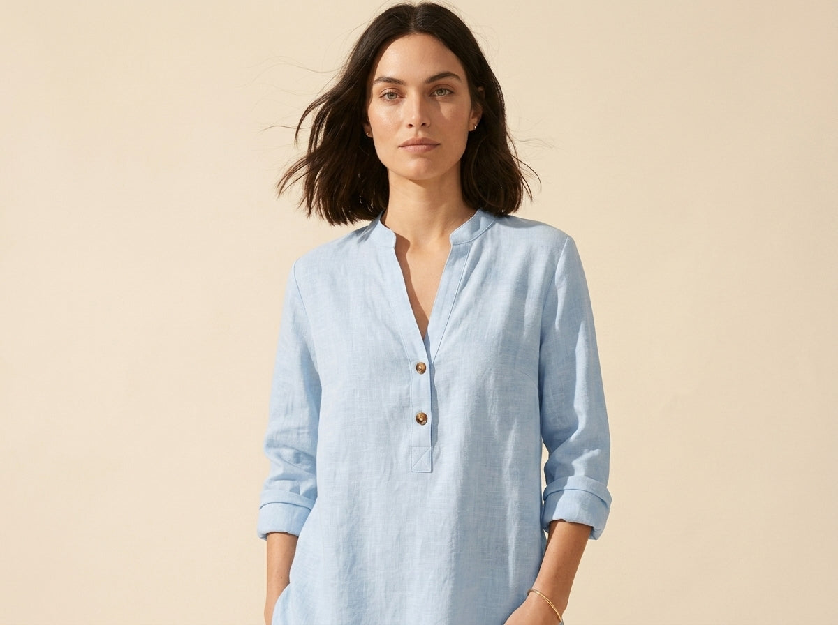Women's Breathable Linen Blend Blouse | Relaxed V-Neck Top — Light Blue