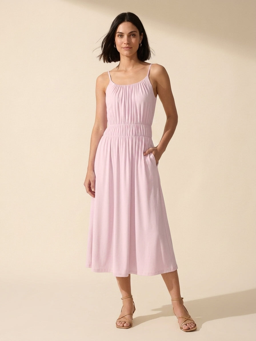 Vacay Gathered U-Neck Midi Bra Dress with Pockets — Light Pink
