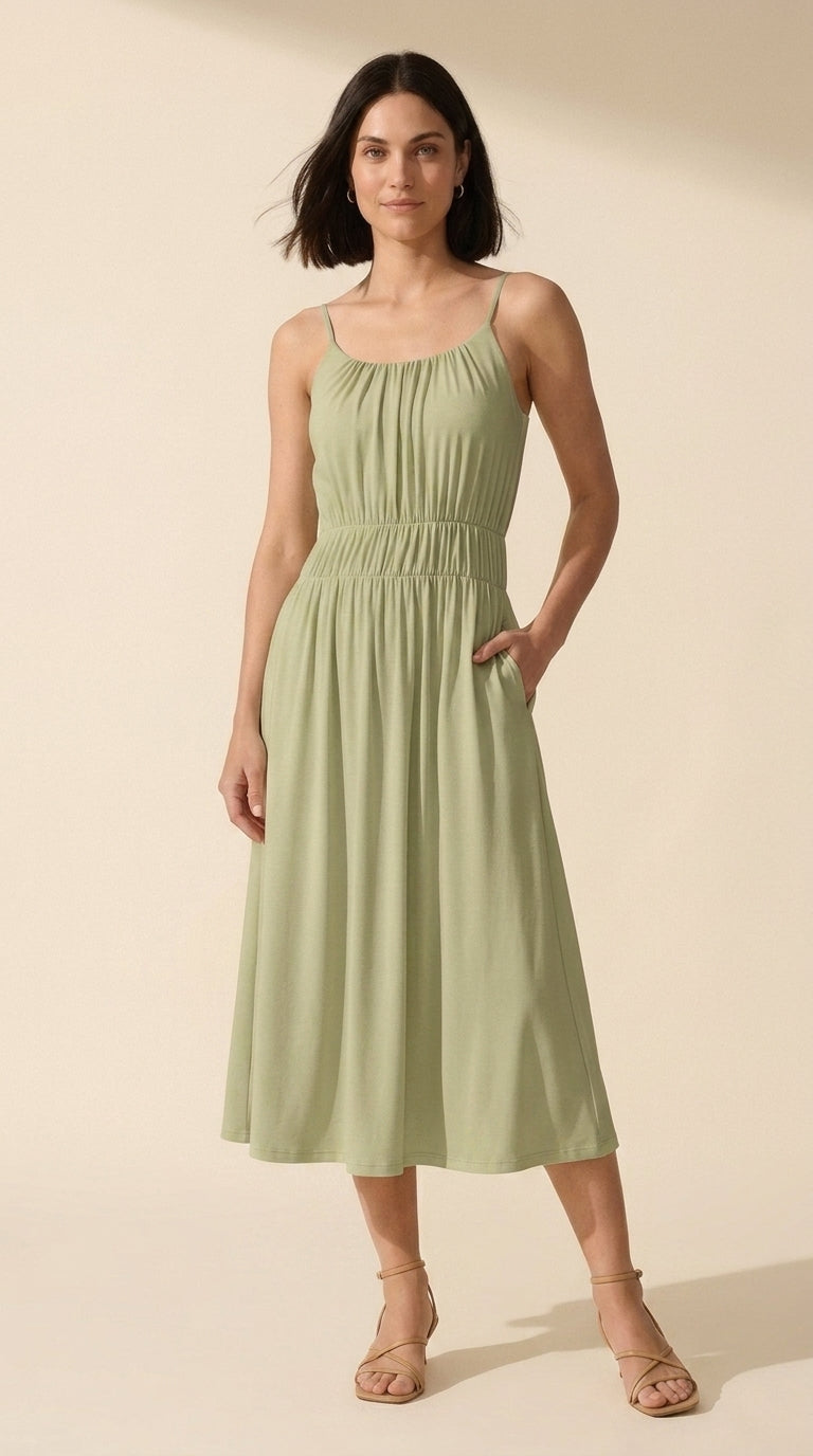 Vacay Gathered U-Neck Midi Bra Dress with Pockets — Olive Oil
