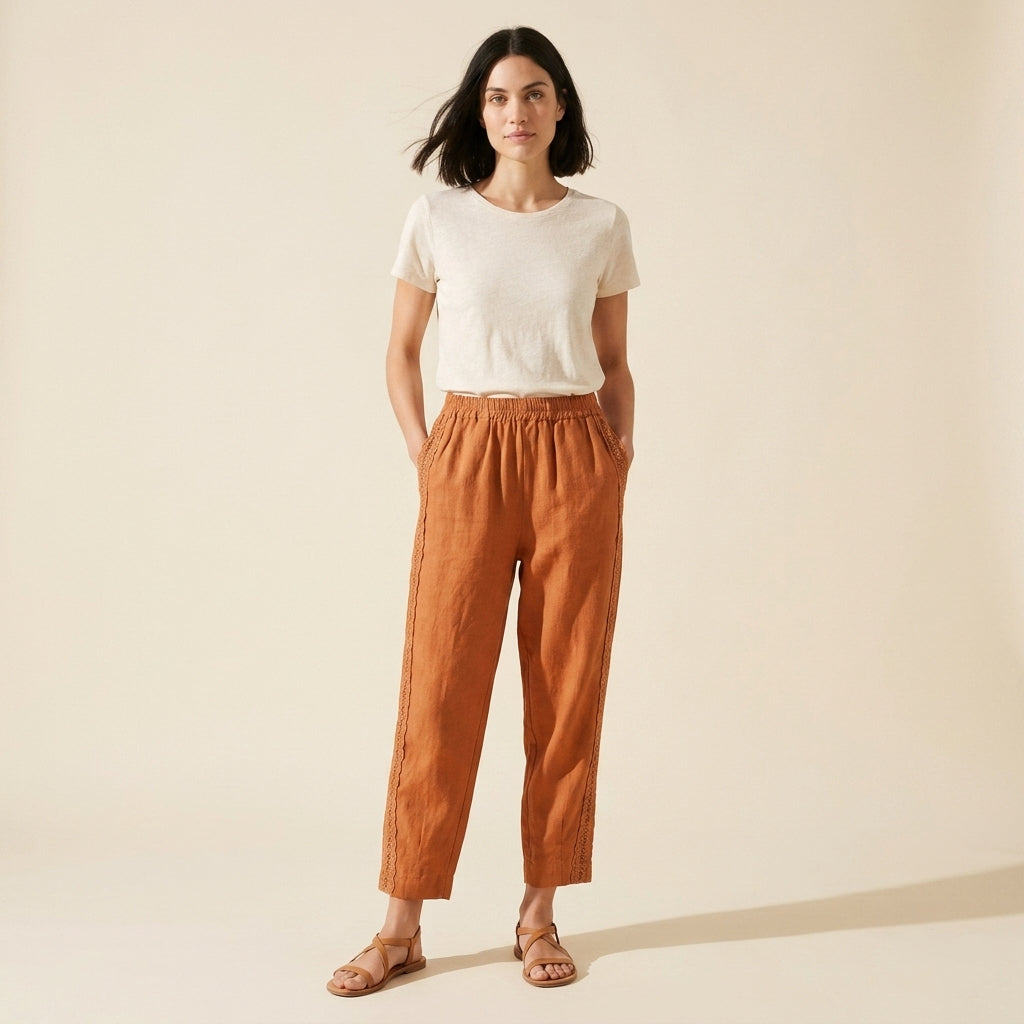 Elise Women's Cotton-Linen Pants – Retro Embroidery & Breezy Fit — Orange
