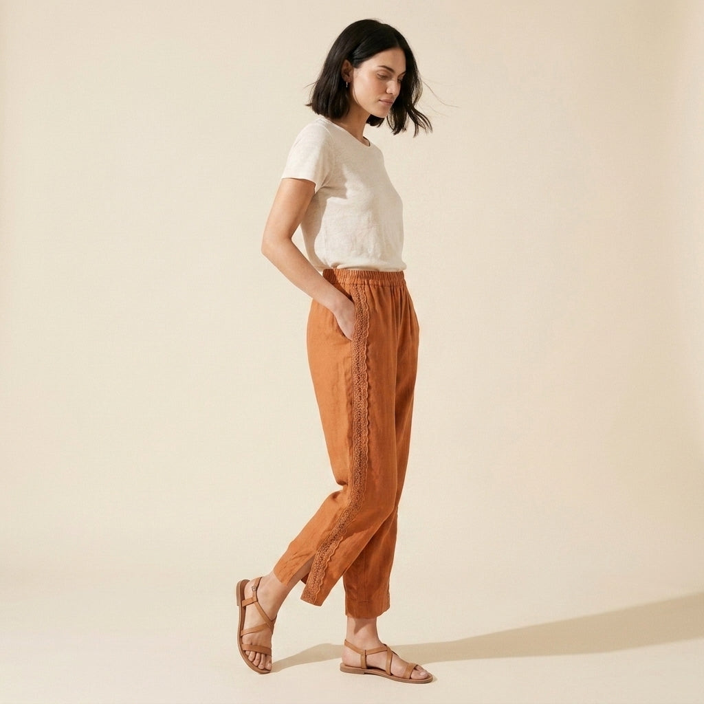 Elise Women's Cotton-Linen Pants – Retro Embroidery & Breezy Fit — Orange