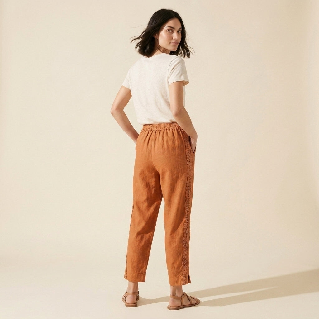 Elise Women's Cotton-Linen Pants – Retro Embroidery & Breezy Fit — Orange